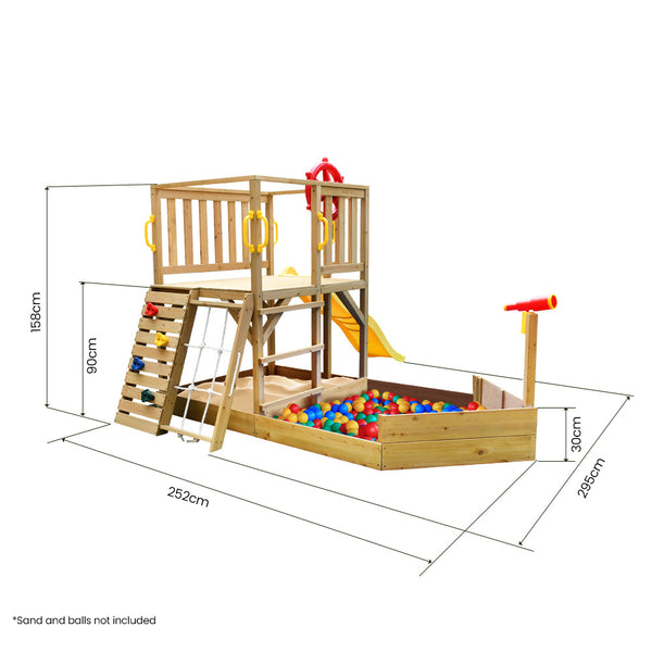 Kids Boat-Shaped Wooden Sand/Ball Pit Tower with Slide and Climbing Wall
