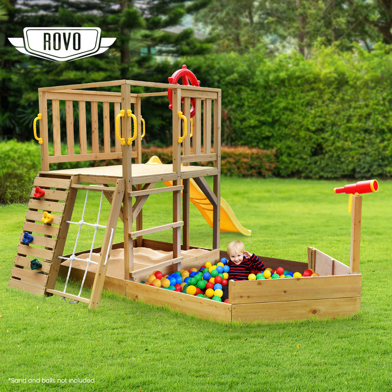 Kids Boat-Shaped Wooden Sand/Ball Pit Tower with Slide and Climbing Wall
