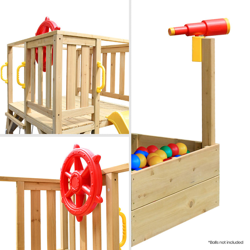 Kids Boat-Shaped Wooden Sand/Ball Pit Tower with Slide and Climbing Wall