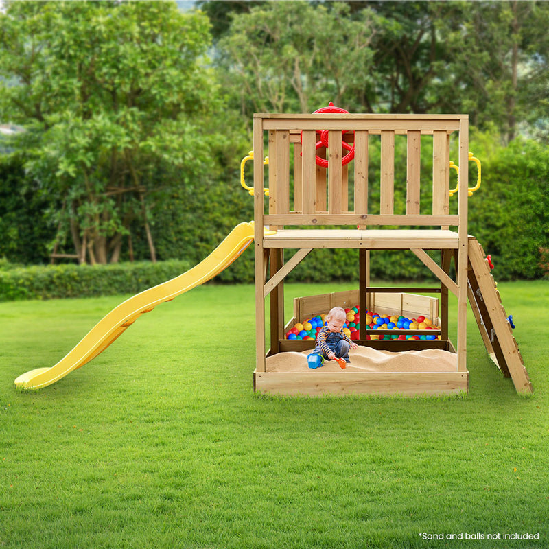 Kids Boat-Shaped Wooden Sand/Ball Pit Tower with Slide and Climbing Wall