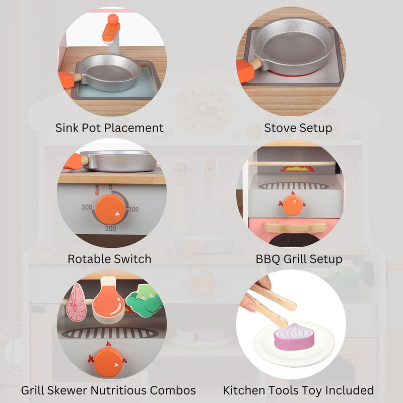 Kids Steakhouse BBQ Style Wooden Kitchen Playset with Appliances &amp; Accessories