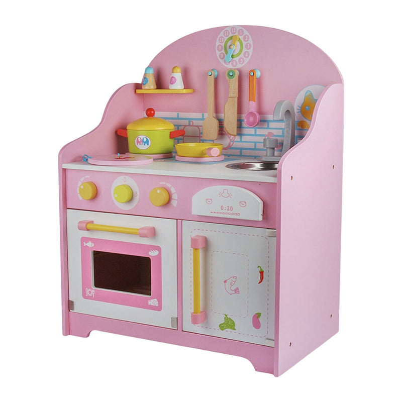 Kids Wooden Kitchen Clock Playset with Appliances & Accessories