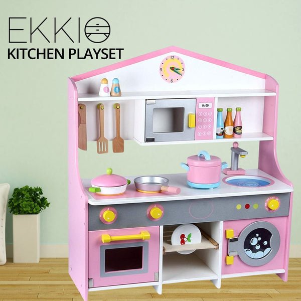 Kids Modern Japanese-Style Wooden Kitchen Playset with Appliances & Accessories