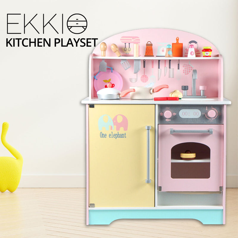 Kids Japanese Style Wooden Kitchen Playset with Appliances & Accessories (Pink)