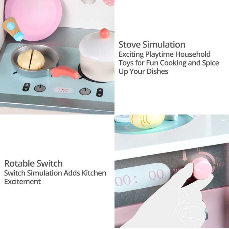 Kids Japanese Style Wooden Kitchen Playset with Appliances & Accessories (Pink)