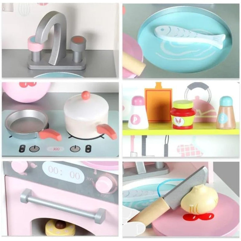Kids Japanese Style Wooden Kitchen Playset with Appliances & Accessories (Pink)