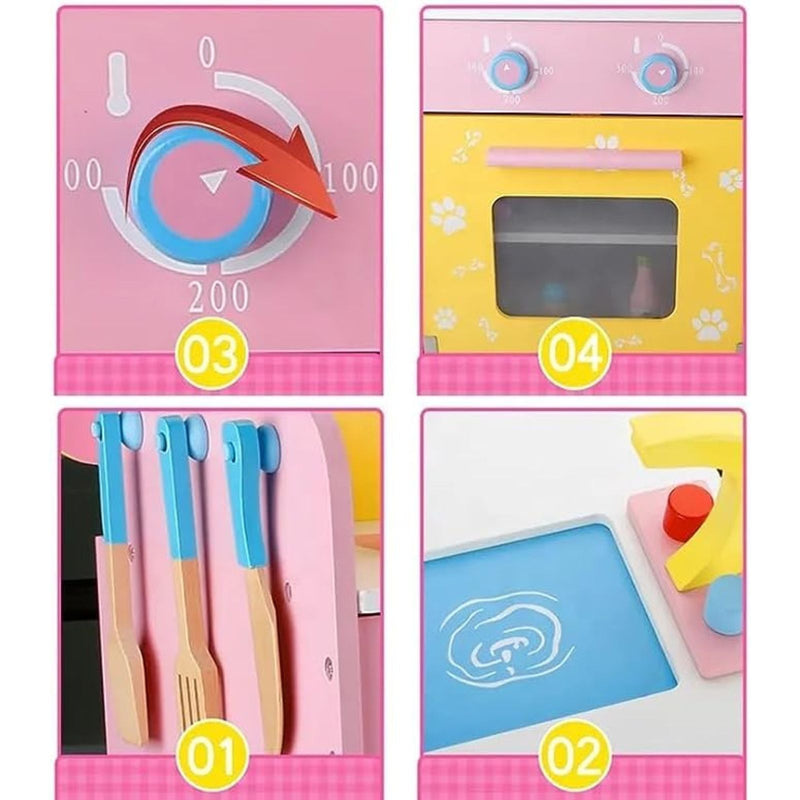 Kids Wooden Kitchen Playset - Puppy Themed (Pink)