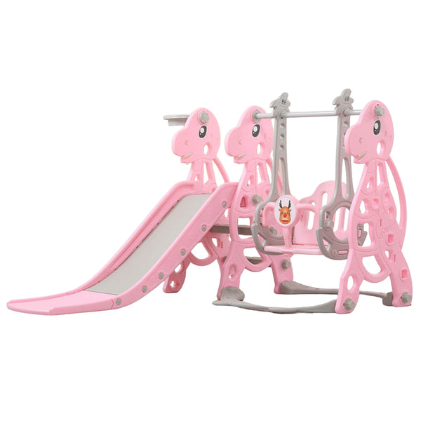 Kids Dinosaur Slide and Swing Set with Basketball Hoop (Pink)
