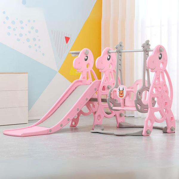 Kids Dinosaur Slide and Swing Set with Basketball Hoop (Pink)
