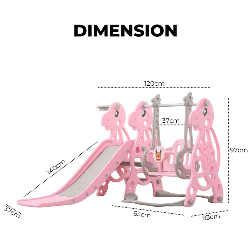 Kids Dinosaur Slide and Swing Set with Basketball Hoop (Pink)