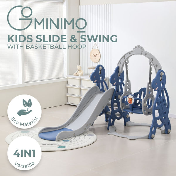 Kids Dinosaur Slide and Swing Set with Basketball Hoop (blue)