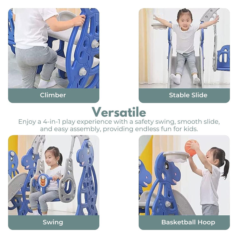 Kids Dinosaur Slide and Swing Set with Basketball Hoop (blue)
