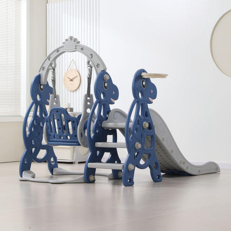 Kids Dinosaur Slide and Swing Set with Basketball Hoop (blue)
