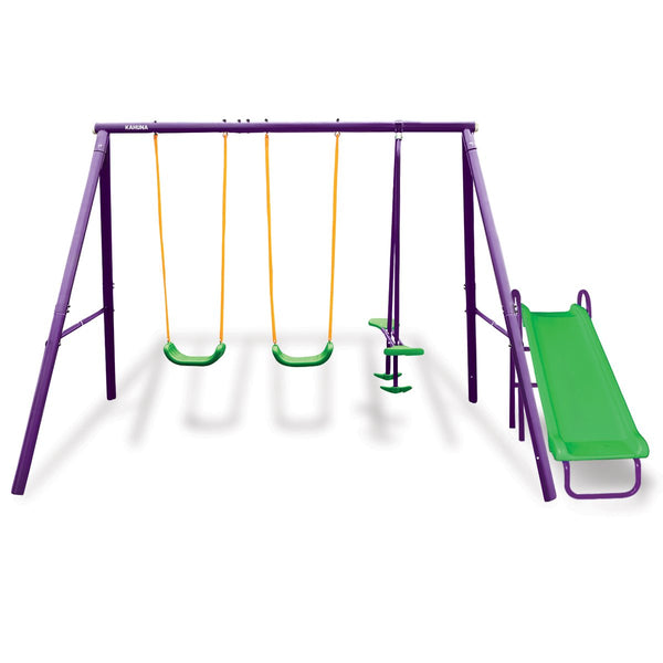 Kids 3 Station Swing Set + Slippery Slide (Green/Purple)