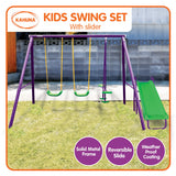 Kids 3 Station Swing Set + Slippery Slide (Green/Purple)