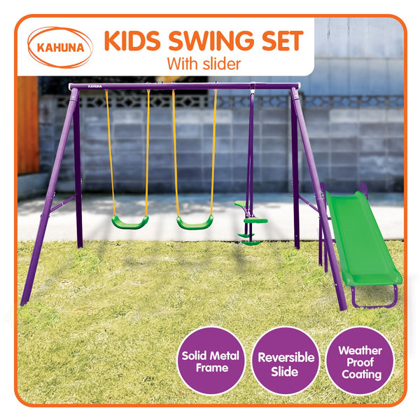 Kids 3 Station Swing Set + Slippery Slide (Green/Purple)