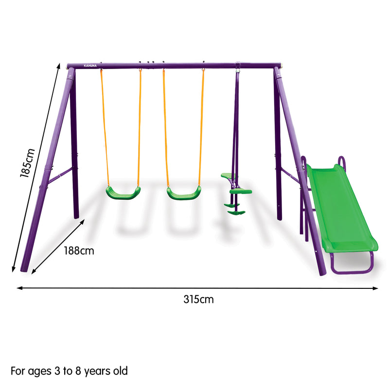 Kids 3 Station Swing Set + Slippery Slide (Green/Purple)