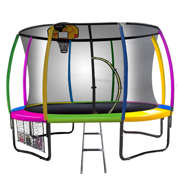 12ft Outdoor Trampoline with Safety Enclosure, Pad Mat and Basketball Hoop Set - Rainbow