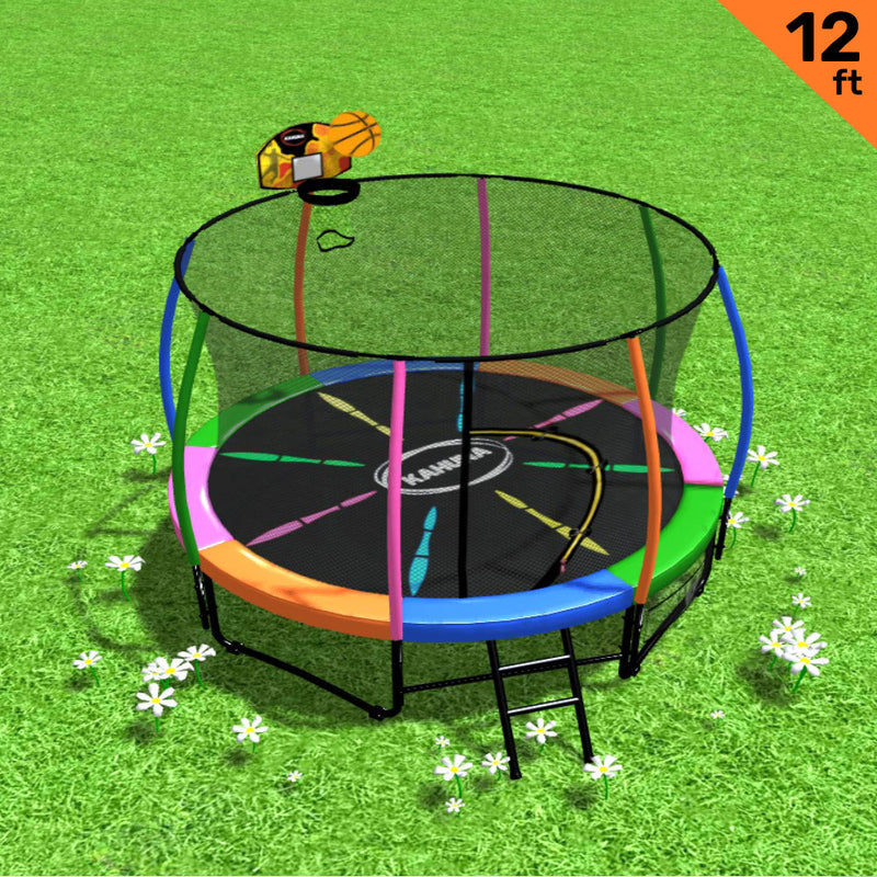 12ft Outdoor Trampoline with Safety Enclosure, Pad Mat and Basketball Hoop Set - Rainbow