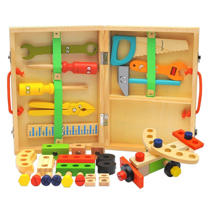 Kids Pretend Play Wooden Tradie Tool Set with Wooden Toolbox