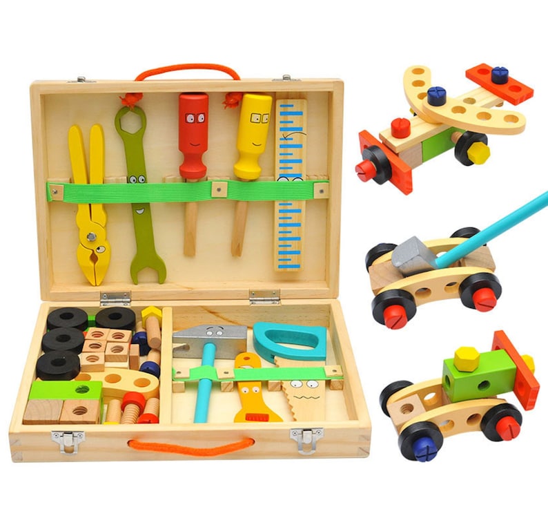 Kids Pretend Play Wooden Tradie Tool Set with Wooden Toolbox