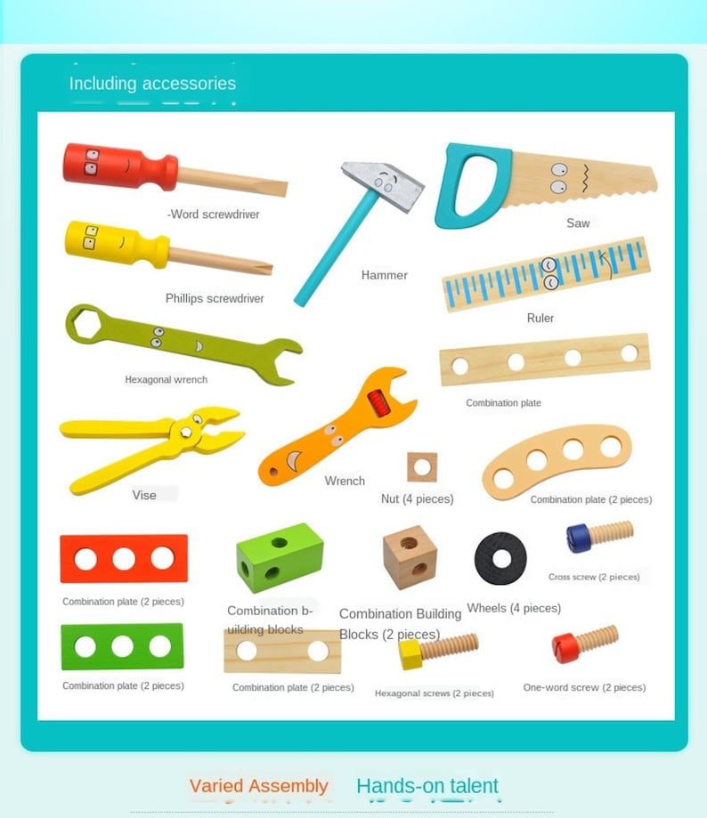 Kids Pretend Play Wooden Tradie Tool Set with Wooden Toolbox