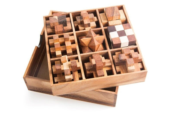 Wooden Brain Teaser Puzzle Gift Box - 9 individual mechanical Puzzles