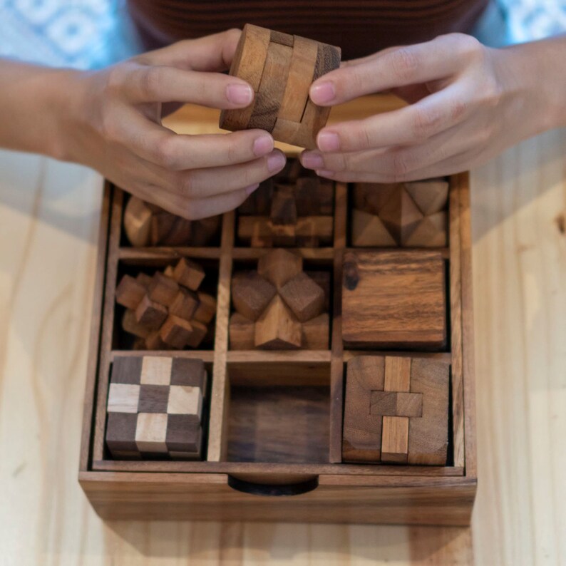 Wooden Brain Teaser Puzzle Gift Box - 9 individual mechanical Puzzles
