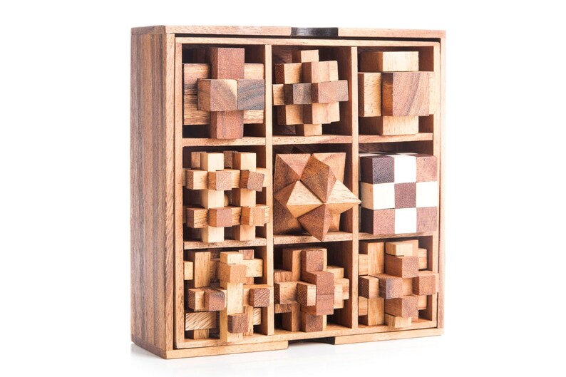 Wooden Brain Teaser Puzzle Gift Box - 9 individual mechanical Puzzles