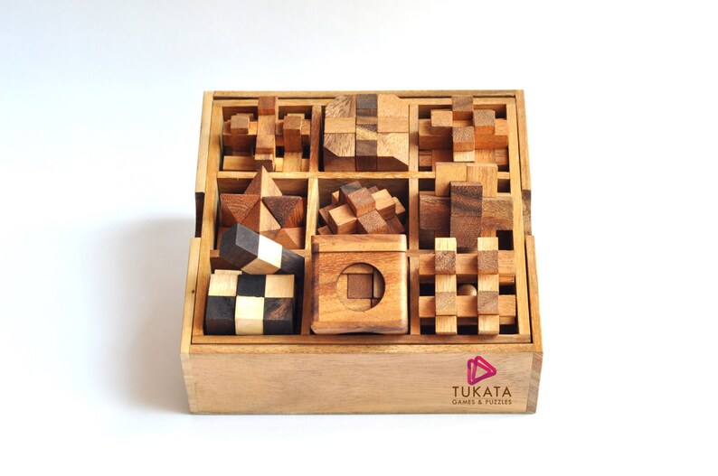 Wooden Brain Teaser Puzzle Gift Box - 9 individual mechanical Puzzles