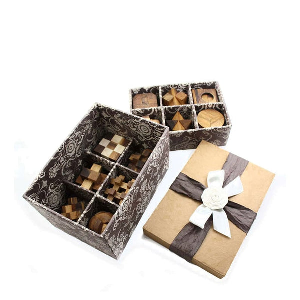 Wooden Brain Teaser Puzzle Gift Box - 12 Individual Mechanical Puzzles