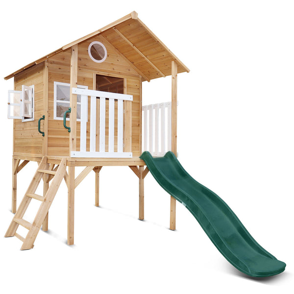 Kids Elevated Beach-Style Cubby House with Green Slide