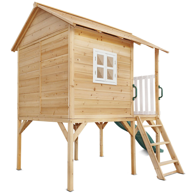 Kids Elevated Beach-Style Cubby House with Green Slide