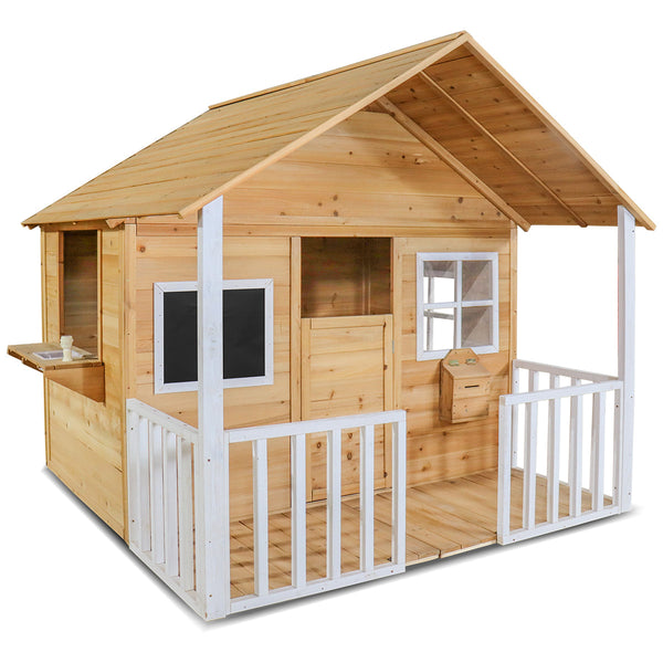 Kids Natural Barn Cubby House with Flooring, Snack Window, Letterbox & Veranda