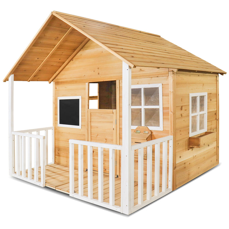 Kids Natural Barn Cubby House with Flooring, Snack Window, Letterbox & Veranda
