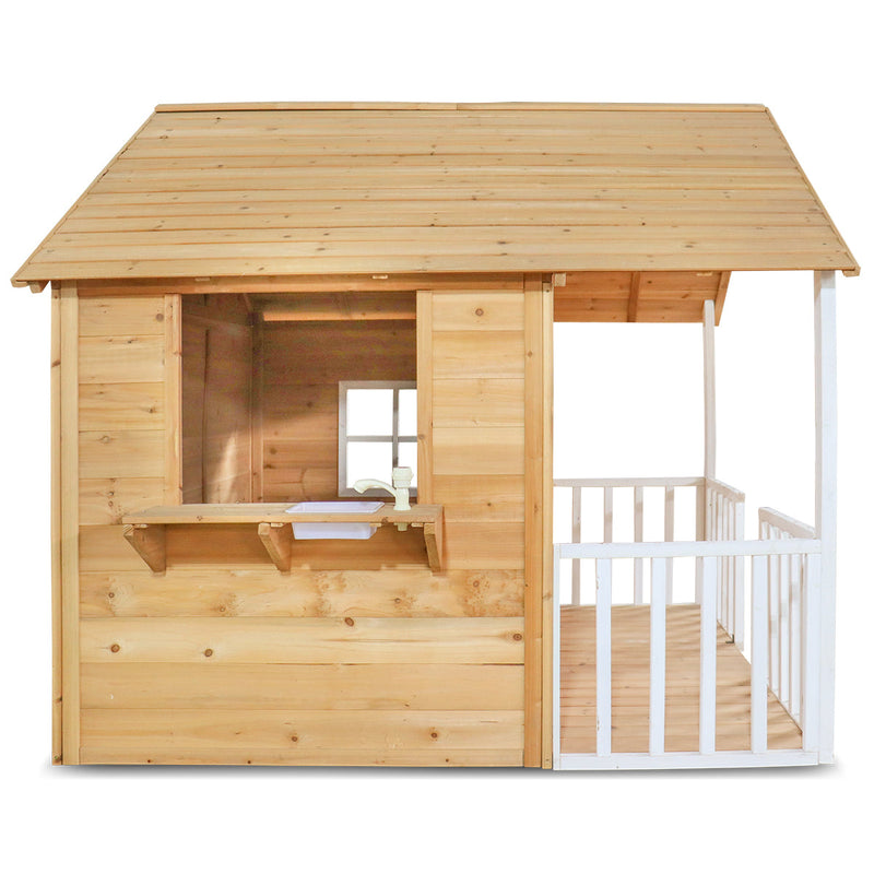 Kids Natural Barn Cubby House with Flooring, Snack Window, Letterbox & Veranda