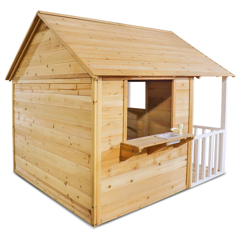 Kids Natural Barn Cubby House with Flooring, Snack Window, Letterbox & Veranda