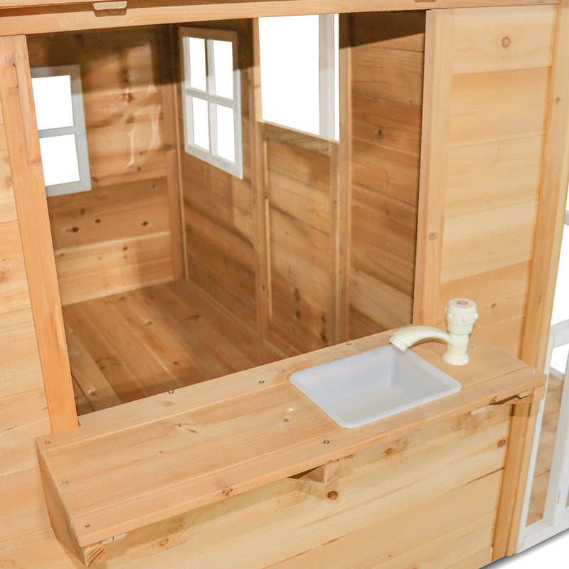 Kids Natural Barn Cubby House with Flooring, Snack Window, Letterbox & Veranda