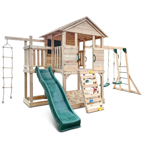 Kids Kingston Style Cubby House with Green Slide, Swing Set & Rope Ladder