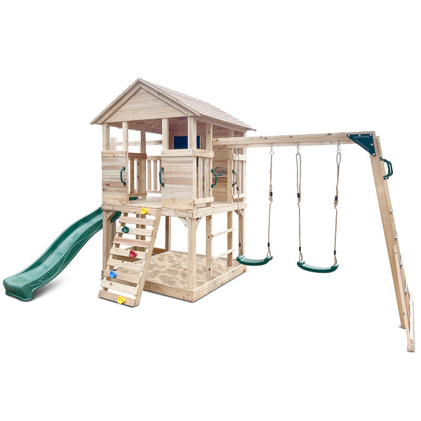 Kids Kingston Style Cubby House with Green Slide, Swing Set & Rope Ladder