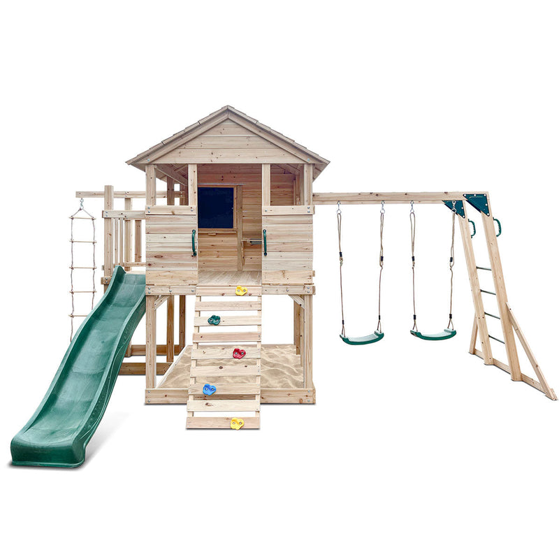 Kids Kingston Style Cubby House with Green Slide, Swing Set & Rope Ladder