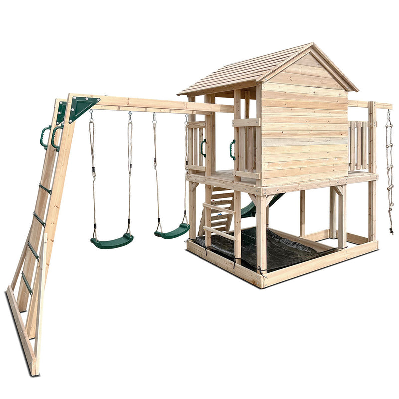 Kids Kingston Style Cubby House with Green Slide, Swing Set & Rope Ladder