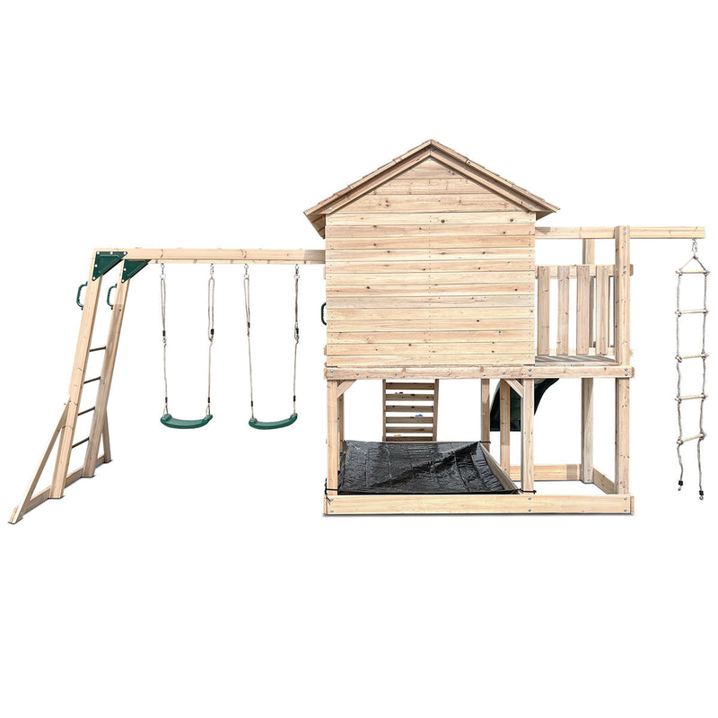 Kids Kingston Style Cubby House with Green Slide, Swing Set & Rope Ladder
