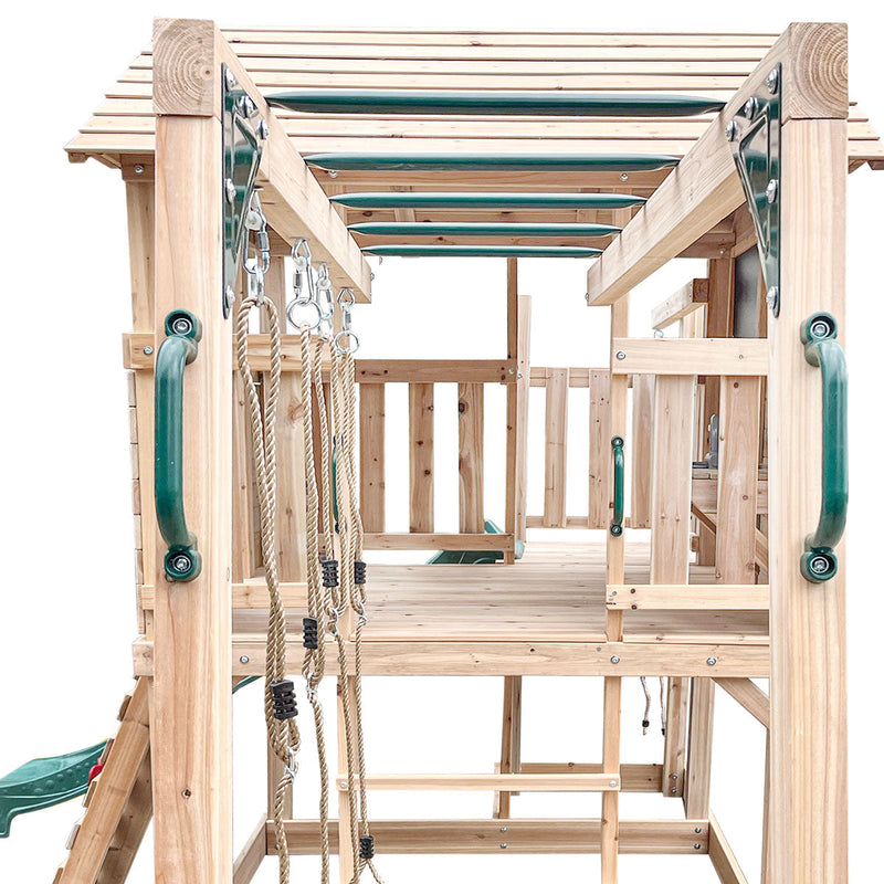Kids Kingston Style Cubby House with Green Slide, Swing Set & Rope Ladder