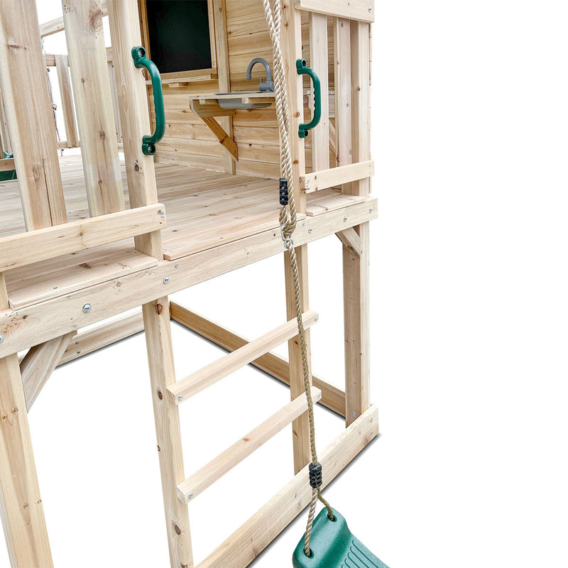 Kids Kingston Style Cubby House with Green Slide, Swing Set & Rope Ladder
