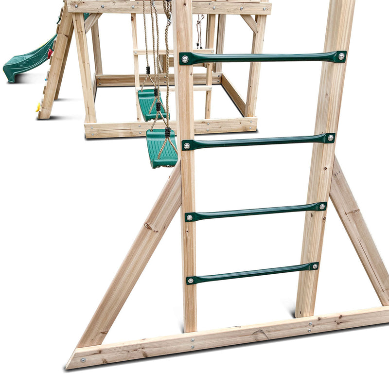 Kids Kingston Style Cubby House with Green Slide, Swing Set & Rope Ladder
