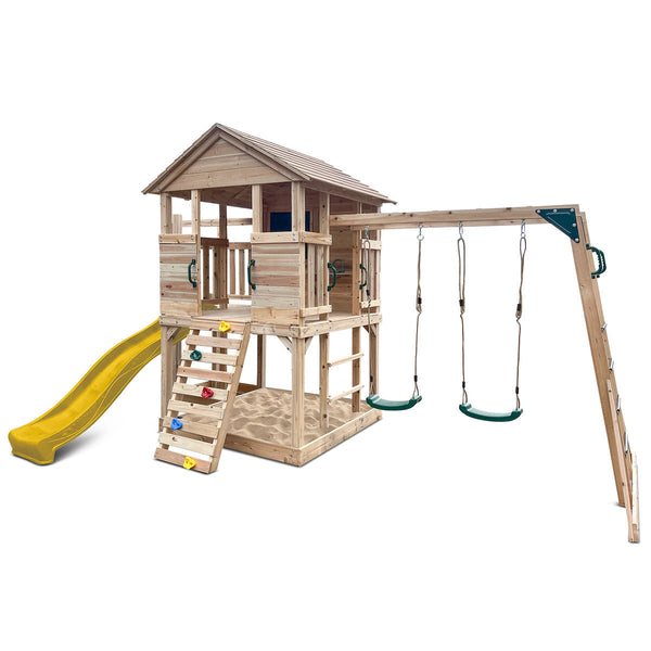 Kids Kingston Style Cubby House with Yellow Slide, Swing Set & Rope Ladder
