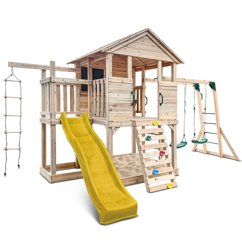 Kids Kingston Style Cubby House with Yellow Slide, Swing Set & Rope Ladder