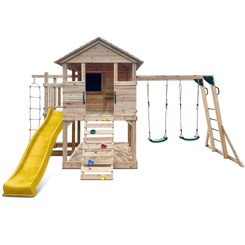 Kids Kingston Style Cubby House with Yellow Slide, Swing Set & Rope Ladder