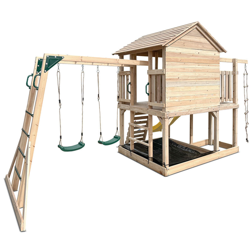 Kids Kingston Style Cubby House with Yellow Slide, Swing Set & Rope Ladder